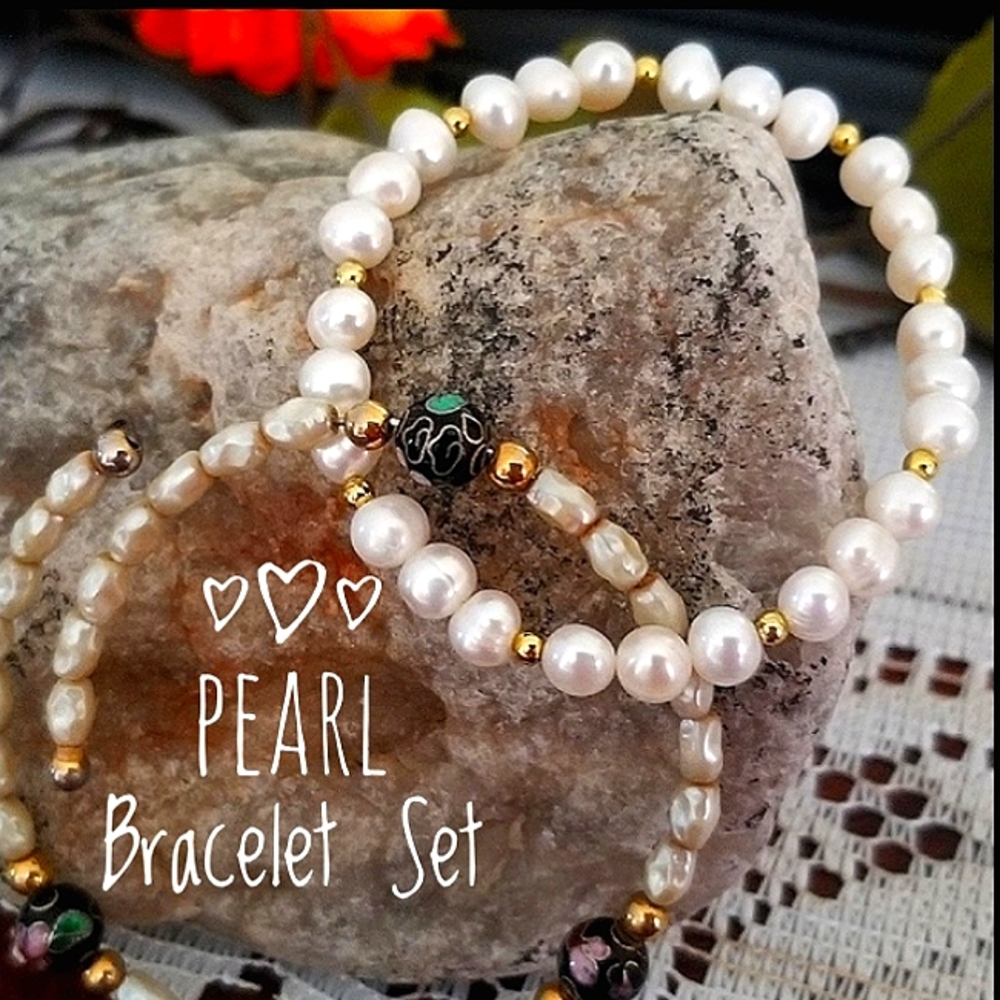 Classic Pearl & Gold Bead Bracelet & Baroque Pearl & Cloisonné Wrap Bracelet